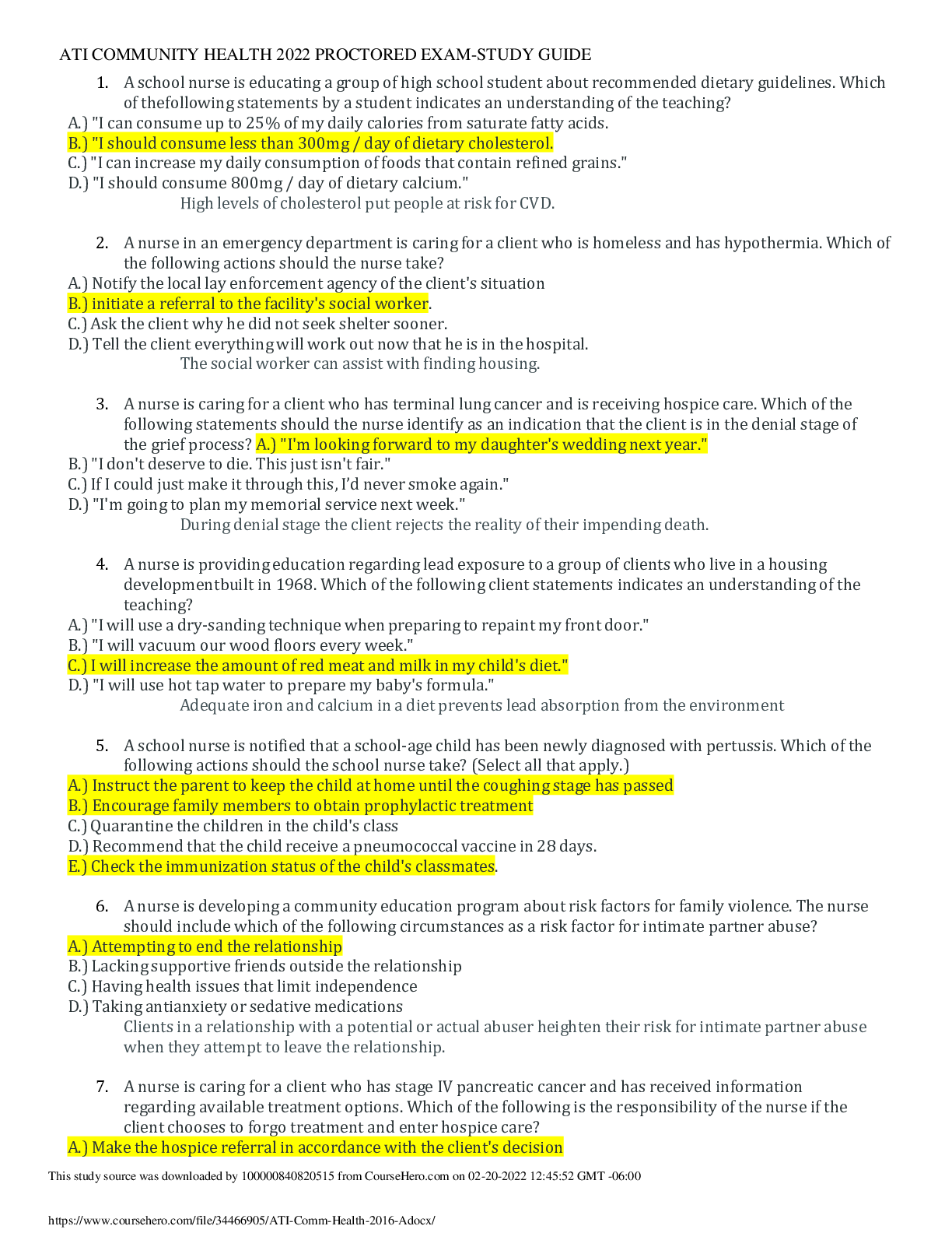 Preview of ATI COMMUNITY HEALTH2022 PROCTORED EXAM-STUDY GUIDE